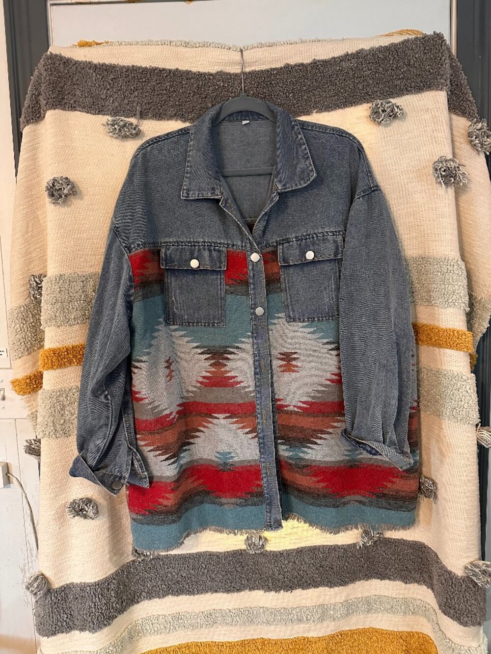 Lumister - Aztec Geometric Print Denim Shacket Button Down Jacket - Women's XXL